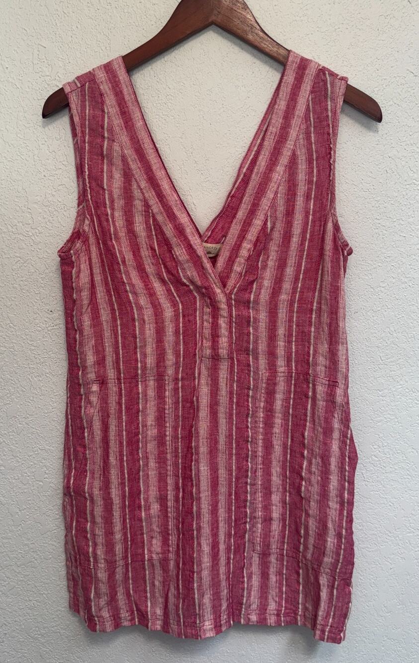Faherty 100% Linen Sleeveless Dress Pink Stripes Pockets Boho Coastal Size XS